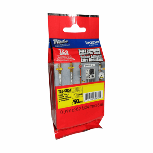 Brother Genuine TZe-S651 Black on Yellow Extra Strength Adhesive Tape for P-touch Label Makers, 24 mm wide x 8 m long – – PTouch – Brother