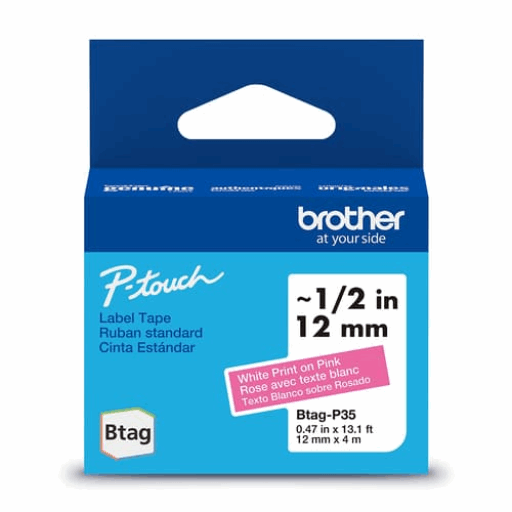 Brother Genuine BTAGP35 Non-Laminated Tape for P-touch Label Makers, White on Pink ? 12 mm wide x 4 m long – – PTouch – Brother