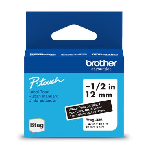 Brother Genuine BTAG335 Non-Laminated Tape for P-touch Label Makers, White on Black ? 12 mm wide x 4 m long – – PTouch – Brother