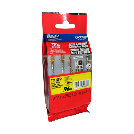 Brother Genuine TZe-S651 Black on Yellow Extra Strength Adhesive Tape for P-touch Label Makers, 24 mm wide x 8 m long – – PTouch – Brother