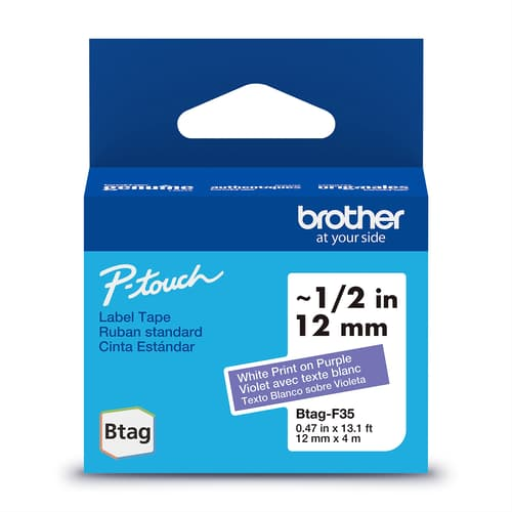 Brother Genuine BTAGF35 Non-Laminated Tape for P-touch Label Makers, White on Purple ? 12 mm wide x 4 m long – – PTouch – Brother
