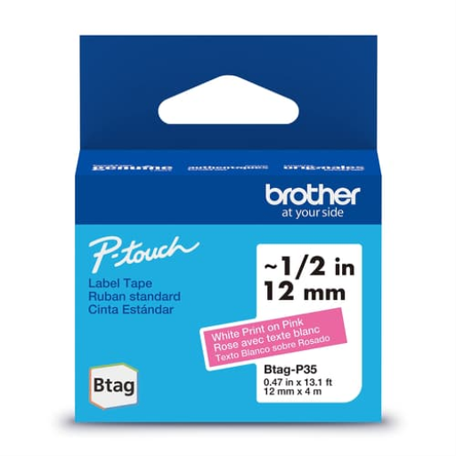 Brother Genuine BTAGP35 Non-Laminated Tape for P-touch Label Makers, White on Pink ? 12 mm wide x 4 m long – – PTouch – Brother