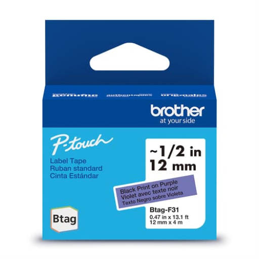 Brother Genuine BTAGF31 Non-Laminated Tape for P-touch Label Makers, Black on Purple ? 12 mm wide x 4 m long – – PTouch – Brother