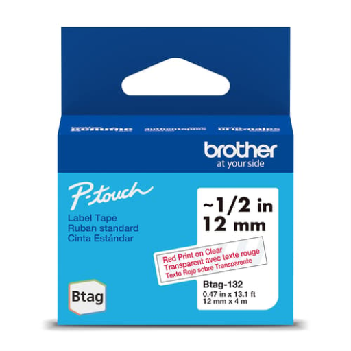 Brother Genuine BTAG132 Non-Laminated Tape for P-touch Label Makers, Red on Clear ? 12 mm wide x 4 m long – – PTouch – Brother