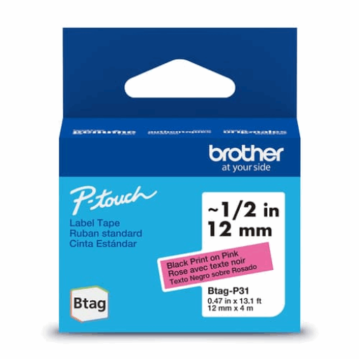 Brother Genuine BTAGP31 Non-Laminated Tape for P-touch Label Makers, Black on Pink ? 12 mm wide x 4 m long – – PTouch – Brother