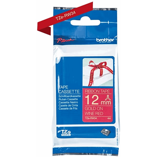 Brother Genuine TZERW34 Decorative Gold on Wine Red Satin Ribbon for P-touch Label Makers, 12 mm wide x 4 m long – – PTouch – Brother