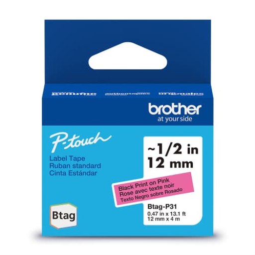 Brother Genuine BTAGP31 Non-Laminated Tape for P-touch Label Makers, Black on Pink ? 12 mm wide x 4 m long – – PTouch – Brother