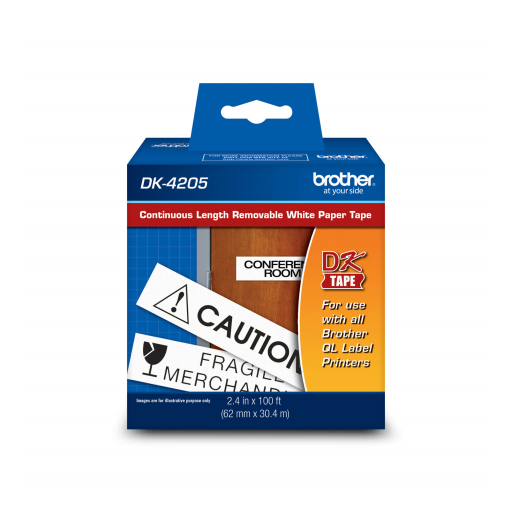 Brother DK-4205 Black/White Removable Continuous Length Paper Tape 2.4" x 100' (62 mm x 30.4 m) – – PTouch – Brother