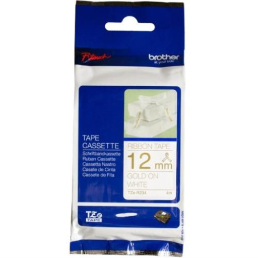 Brother Genuine TZER234 Decorative Gold on White Satin Ribbon for P-touch Label Makers, 12 mm wide x 4 m long – – PTouch – Brother
