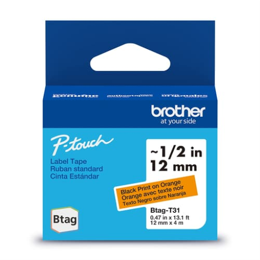 Brother Genuine BTAGT31 Non-Laminated Tape for P-touch Label Makers, Black on Orange ? 12 mm wide x 4 m long – – PTouch – Brother