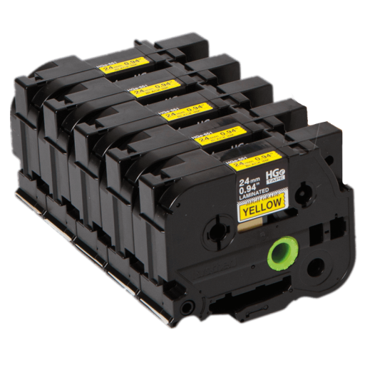 Brother HGE6515 Pack Black on Yellow HGe 24 mm Tape with Standard Adhesive, 8 m 5-pack – – PTouch – Brother