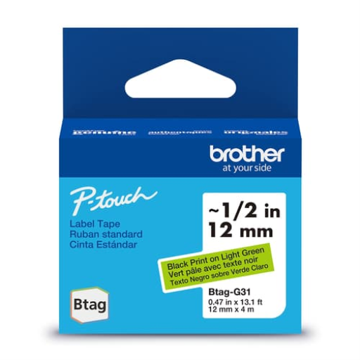 Brother Genuine BTAGG31 Non-Laminated Tape for P-touch Label Makers, Black on Green ? 12 mm wide x 4 m long – – PTouch – Brother