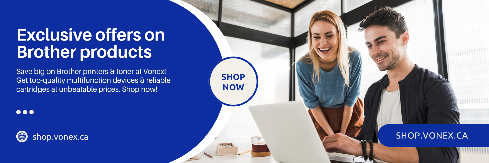 Advertisement for Brother products with two people using a laptop, featuring a blue circular banner and Vonex branding.