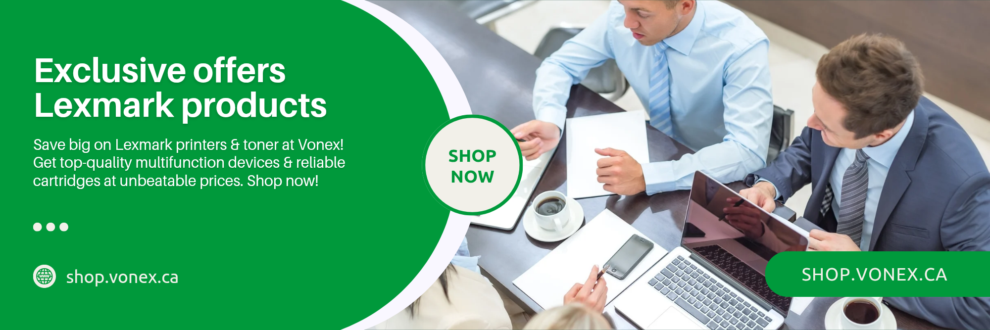 Advertisement for Lexmark products with two people at a desk using laptops and a green circle with text.