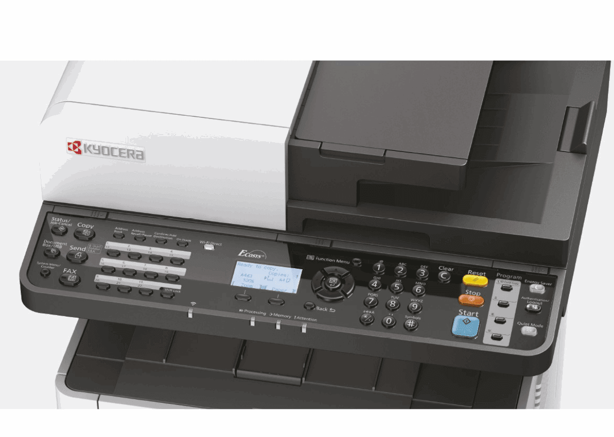KYOCERA 37 PPM MONO LETTER/LEGAL MFP STD COPY, SCAN, PRINT, FAX WITH WERILESS – – – KYOCERA