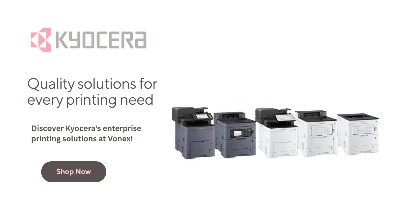 Kyocera enterprise printing solutions on a white background with promotional text.