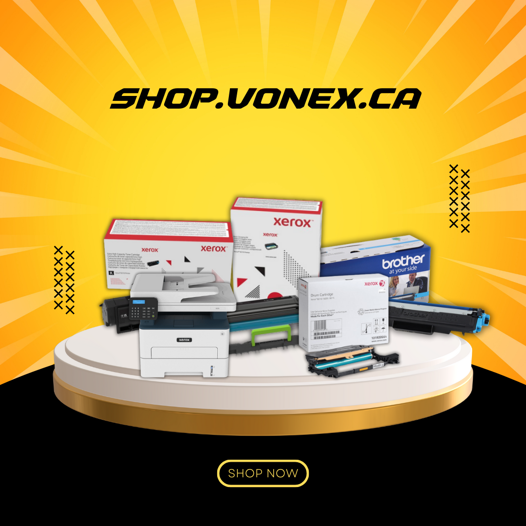 Display of printer equipment with Xerox and Brother branding on a yellow background, featuring the URL 'SHOP.VONEX.CA'.

