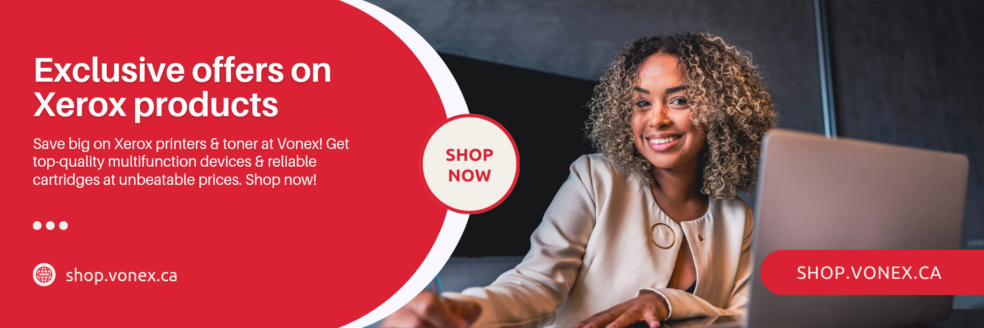 Promotional banner for Xerox products with a woman using a laptop, featuring a red circle with text and 'Shop Now' button.

